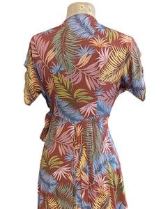 Rayon 1940s Inspired Tropical Fern Print Cascade Wrap Dress