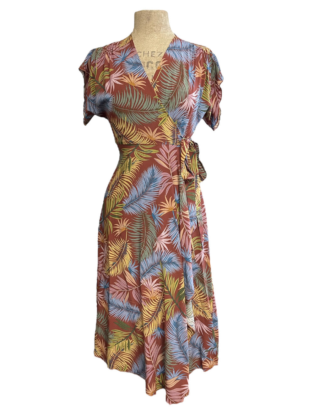 Rayon 1940s Inspired Tropical Fern Print Cascade Wrap Dress