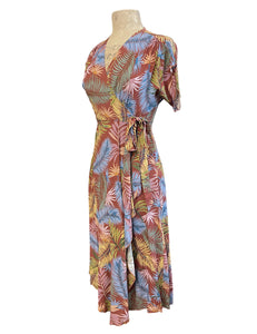 Rayon 1940s Inspired Tropical Fern Print Cascade Wrap Dress