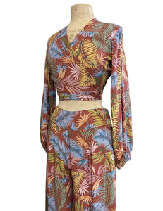 Rayon Tropical Fern Print Drama Sleeve Babaloo Wrap Top