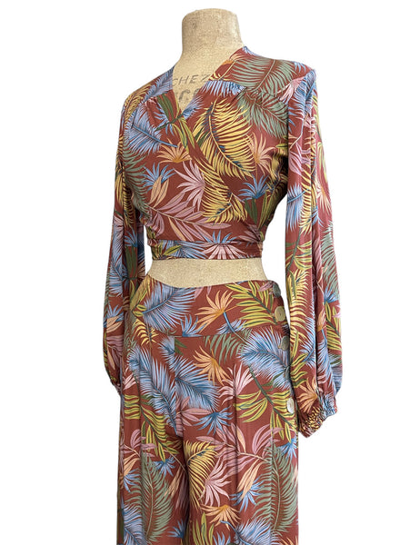 Rayon Tropical Fern Print Drama Sleeve Babaloo Wrap Top