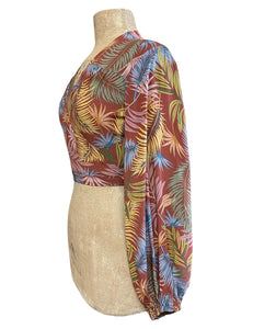 Rayon Tropical Fern Print Drama Sleeve Babaloo Wrap Top