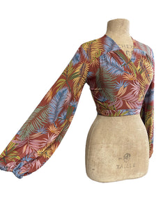 Rayon Tropical Fern Print Drama Sleeve Babaloo Wrap Top