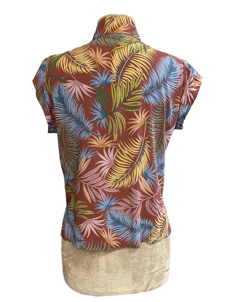 Rayon Brown Colorful Fern Print Tea Timer Top Top