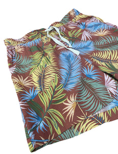 Brown Tropical Fern Print Mens Unisex Retro Cabana Shorts