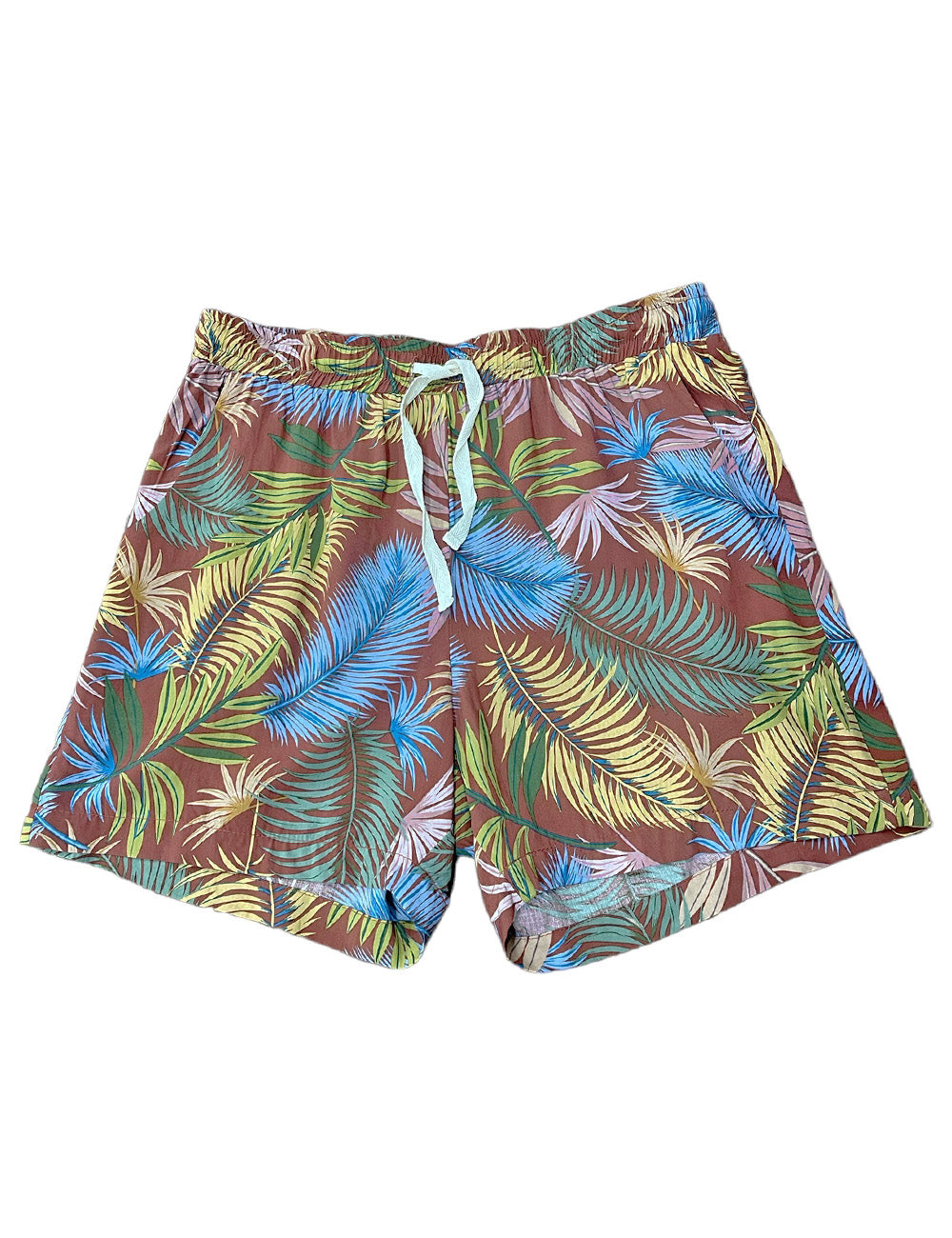 Brown Tropical Fern Print Mens Unisex Retro Cabana Shorts