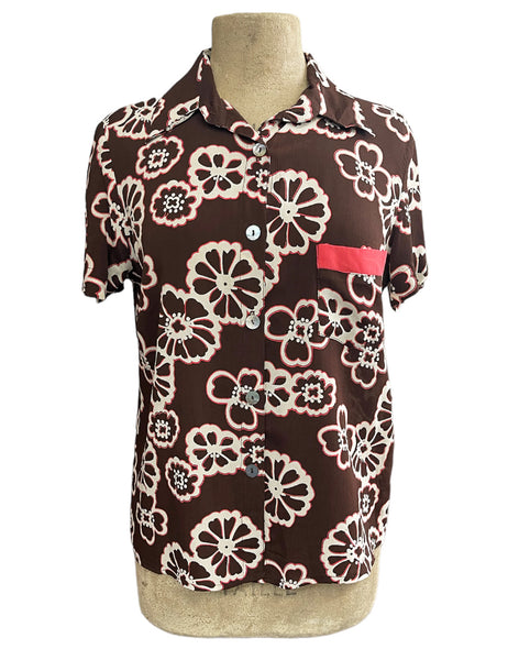 Chocolate Brown Groovy Floral Button Up Boyfriend Camp Shirt