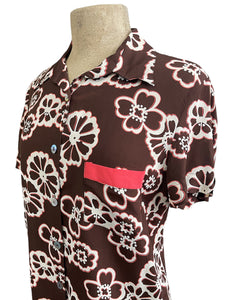 Chocolate Brown Groovy Floral Button Up Boyfriend Camp Shirt