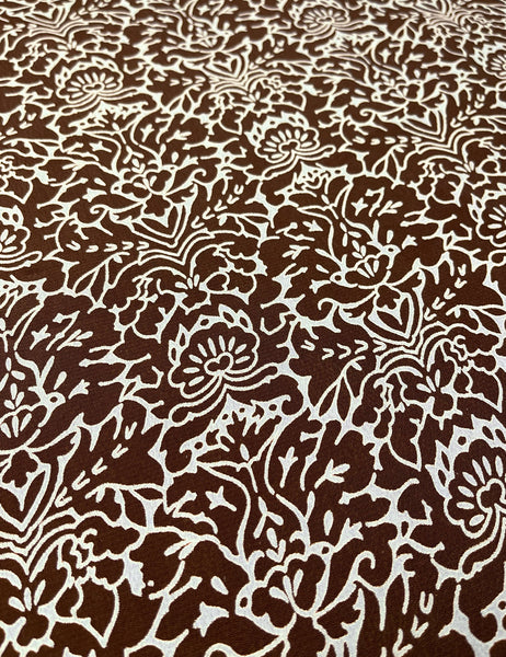 Brown & Pale Blue Stencil Rayon Crepe Fabric - 1 & 1/3 yds