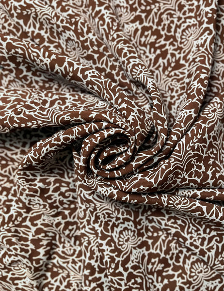 Brown & Pale Blue Stencil Rayon Crepe Fabric - 1 & 1/3 yds