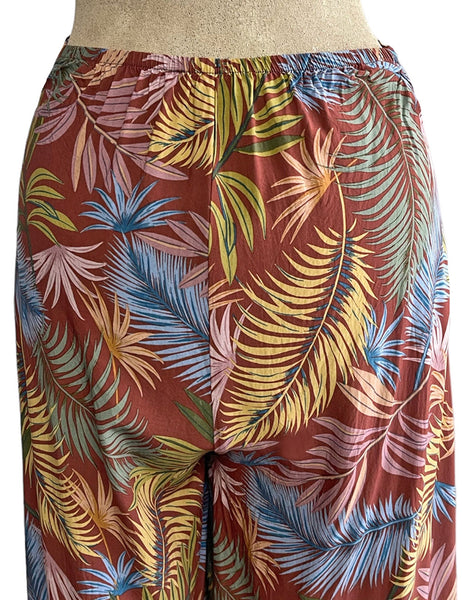 Rayon Tropical Fern Print High Waisted Palazzo Pants