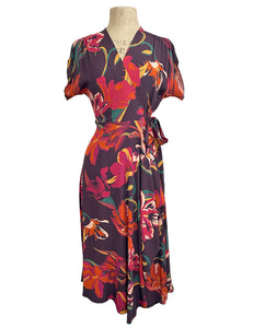 Brown Tropical Floral 40s Style Cascade Wrap Dress