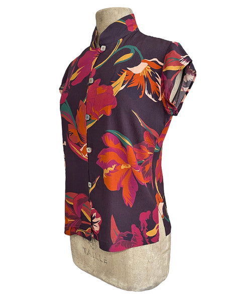 Brown Tropical Floral Print Vintage Style Tea Timer Top