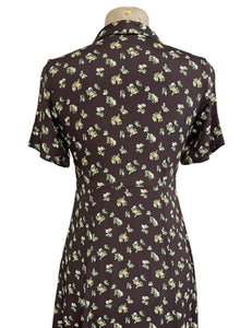 Brown Autumn Floral 1940s Style Tea Length Day Dress
