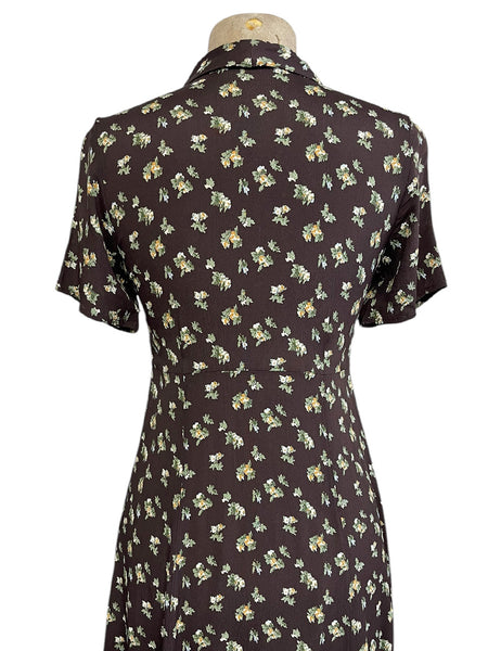 Brown Autumn Floral 1940s Style Tea Length Day Dress