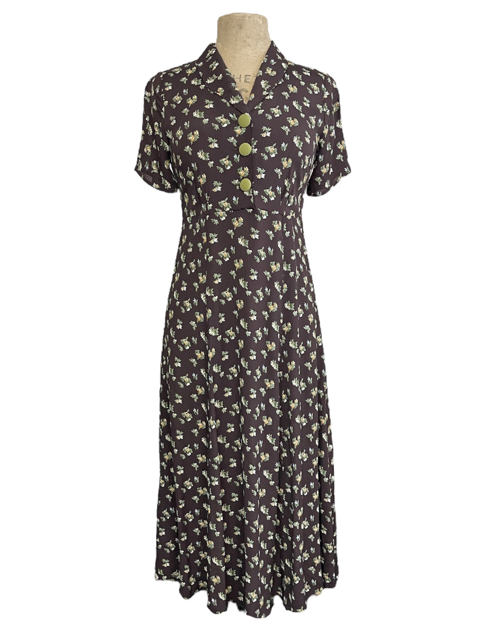 Brown Autumn Floral 1940s Style Tea Length Day Dress