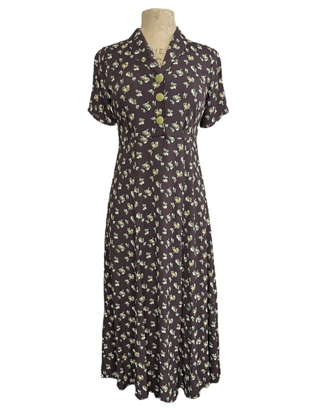 Brown Autumn Floral 1940s Style Tea Length Day Dress