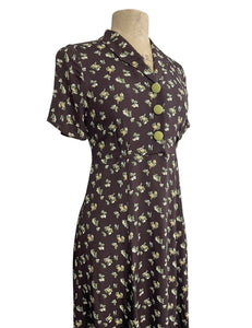 Brown Autumn Floral 1940s Style Tea Length Day Dress