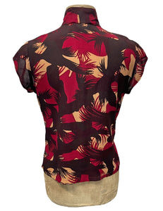 Brown & Burgundy Moonlit Cactus Print Mandarin Collar Tea Timer Top