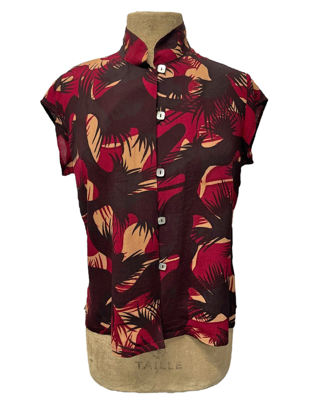 Brown & Burgundy Moonlit Cactus Print Mandarin Collar Tea Timer Top