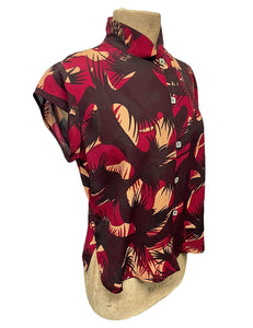 Brown & Burgundy Moonlit Cactus Print Mandarin Collar Tea Timer Top