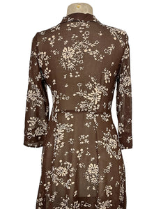 Sheer Chocolate Brown & Cream Floral 1940s Sleeved Vintage Day Dress