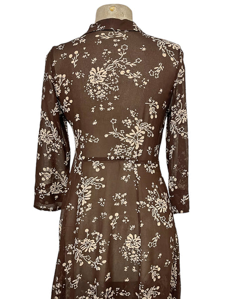 Sheer Brown & Cream Floral 40s Sleeved Day Dress