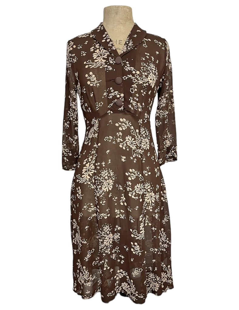 Sheer Chocolate Brown Cream Floral 1940s Sleeved Vintage Day