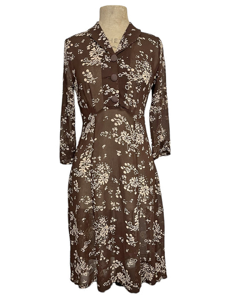 Sheer Chocolate Brown & Cream Floral 1940s Sleeved Vintage Day Dress