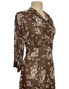 Sheer Brown & Cream Floral 40s Sleeved Day Dress