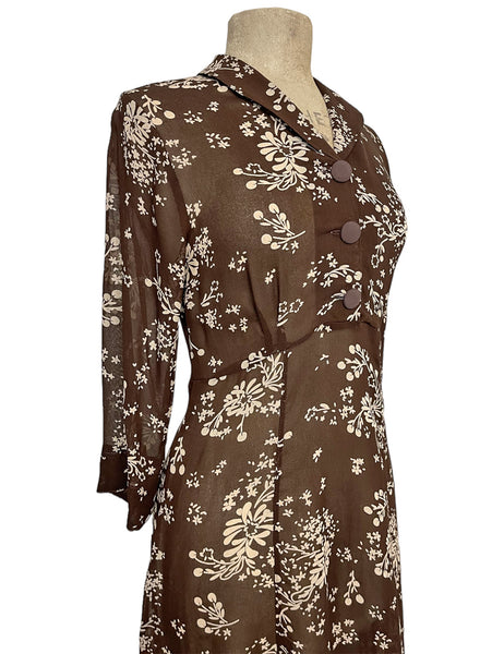 Sheer Chocolate Brown & Cream Floral 1940s Sleeved Vintage Day Dress