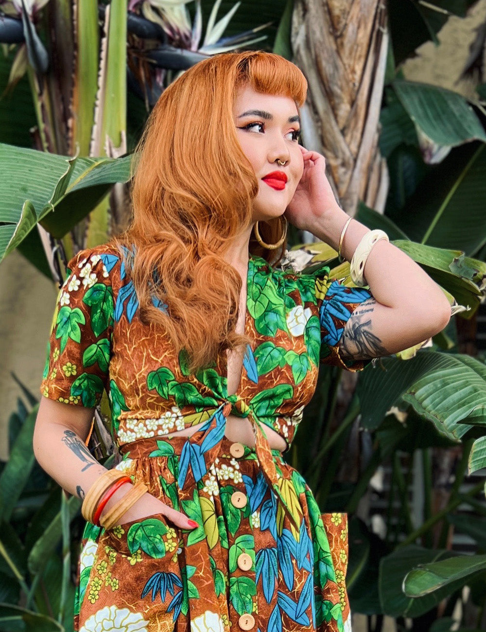 Scout for Loco Lindo - Brown Floral Barkcloth Print Daisy Tie Top