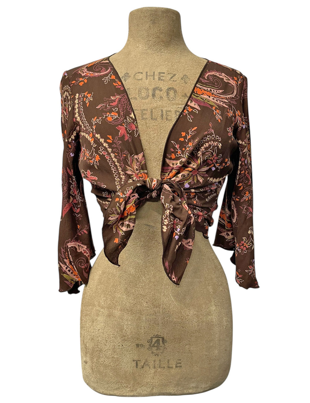 Limited Run Brown Tropical Nouveau Angel Wing Sleeve Tie Top - Size XLarge