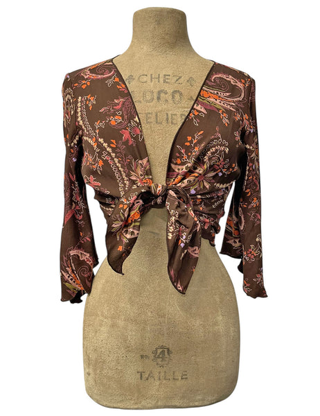 Limited Run Brown Tropical Nouveau Angel Wing Sleeve Tie Top - Size XLarge