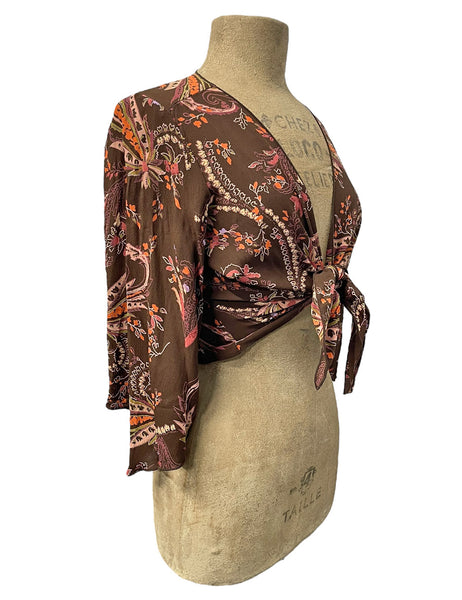 Limited Run Brown Tropical Nouveau Angel Wing Sleeve Tie Top - Size XLarge