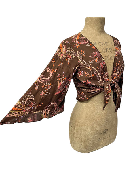 Limited Run Brown Tropical Nouveau Angel Wing Sleeve Tie Top - Size XLarge