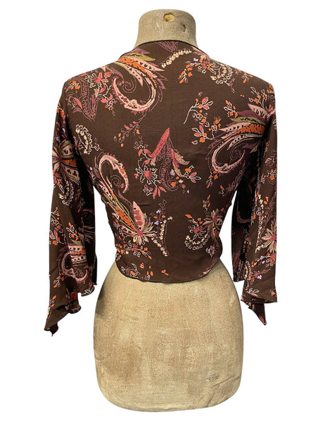 Limited Run Brown Tropical Nouveau Angel Wing Sleeve Tie Top - Size XLarge