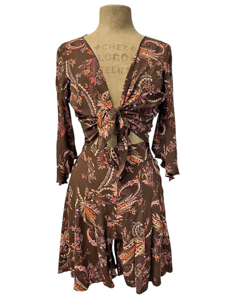 Limited Run Brown Tropical Nouveau Angel Wing Sleeve Tie Top - Size XLarge