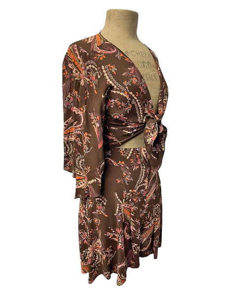 Limited Run Brown Tropical Nouveau Angel Wing Sleeve Tie Top - Size XLarge