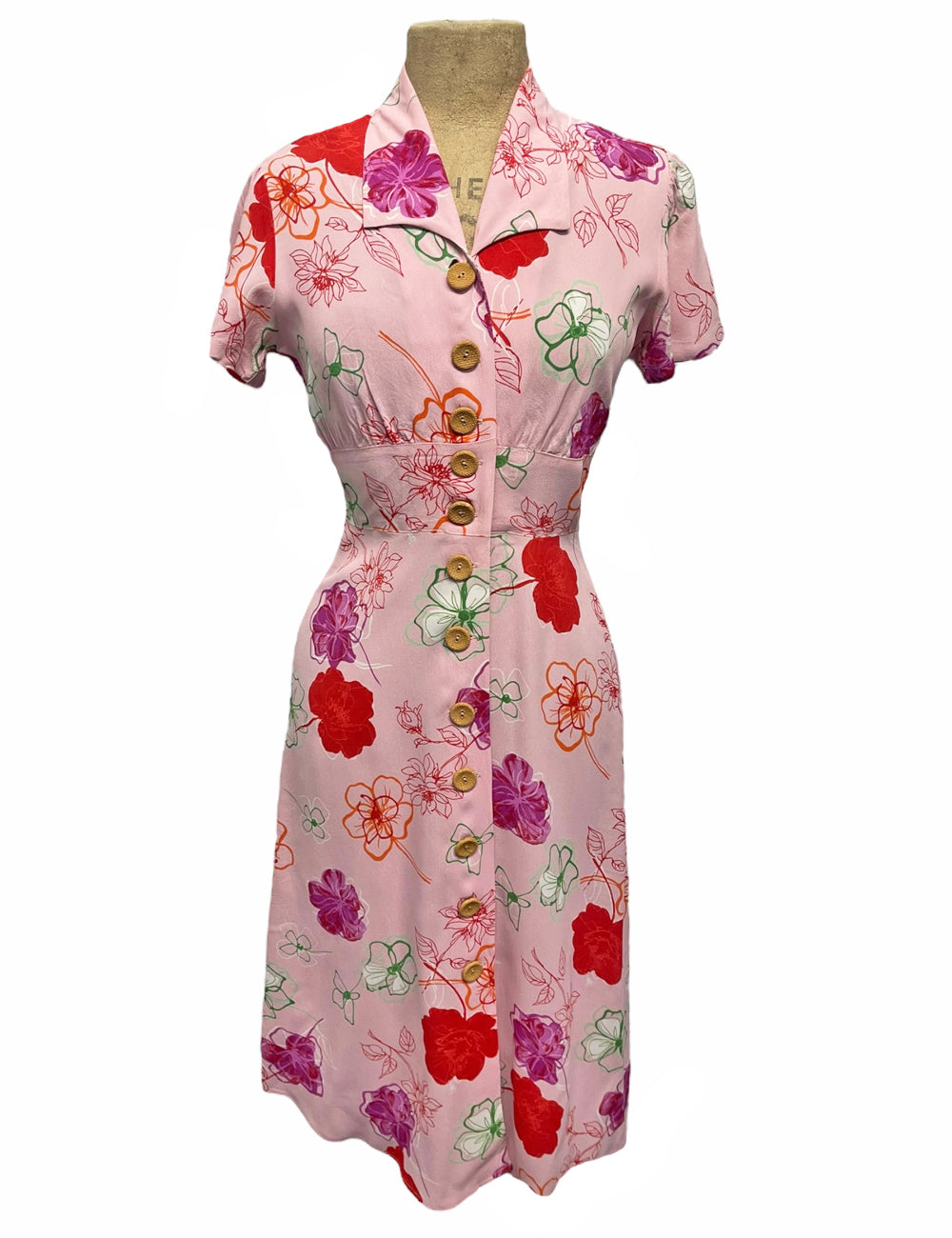Bubblegum Pink Floral Button Front Retro Margie Dress