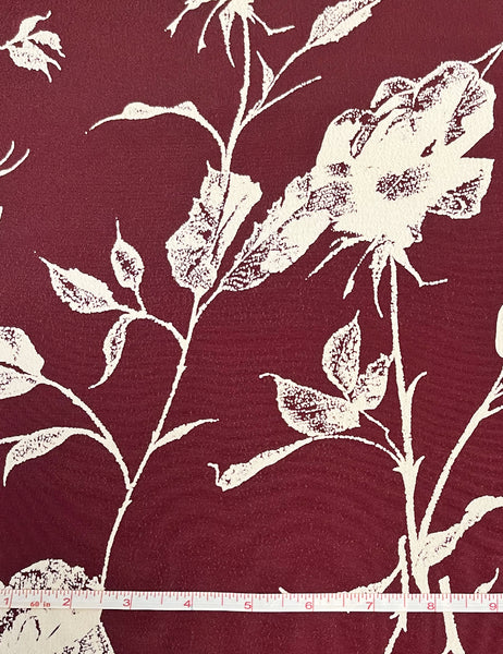 Burgundy & Ivory Floral Print Rayon Crepe Fabric - 2.5 yds (SLIGHT DAMAGE)