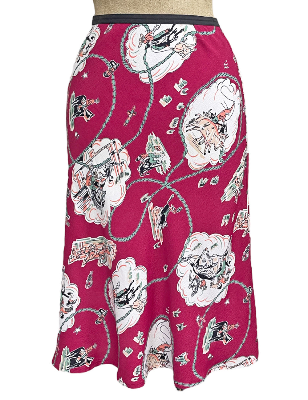 Burgundy Western Print Knee Bias Skirt