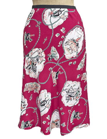 Burgundy Western Print Knee Bias Skirt