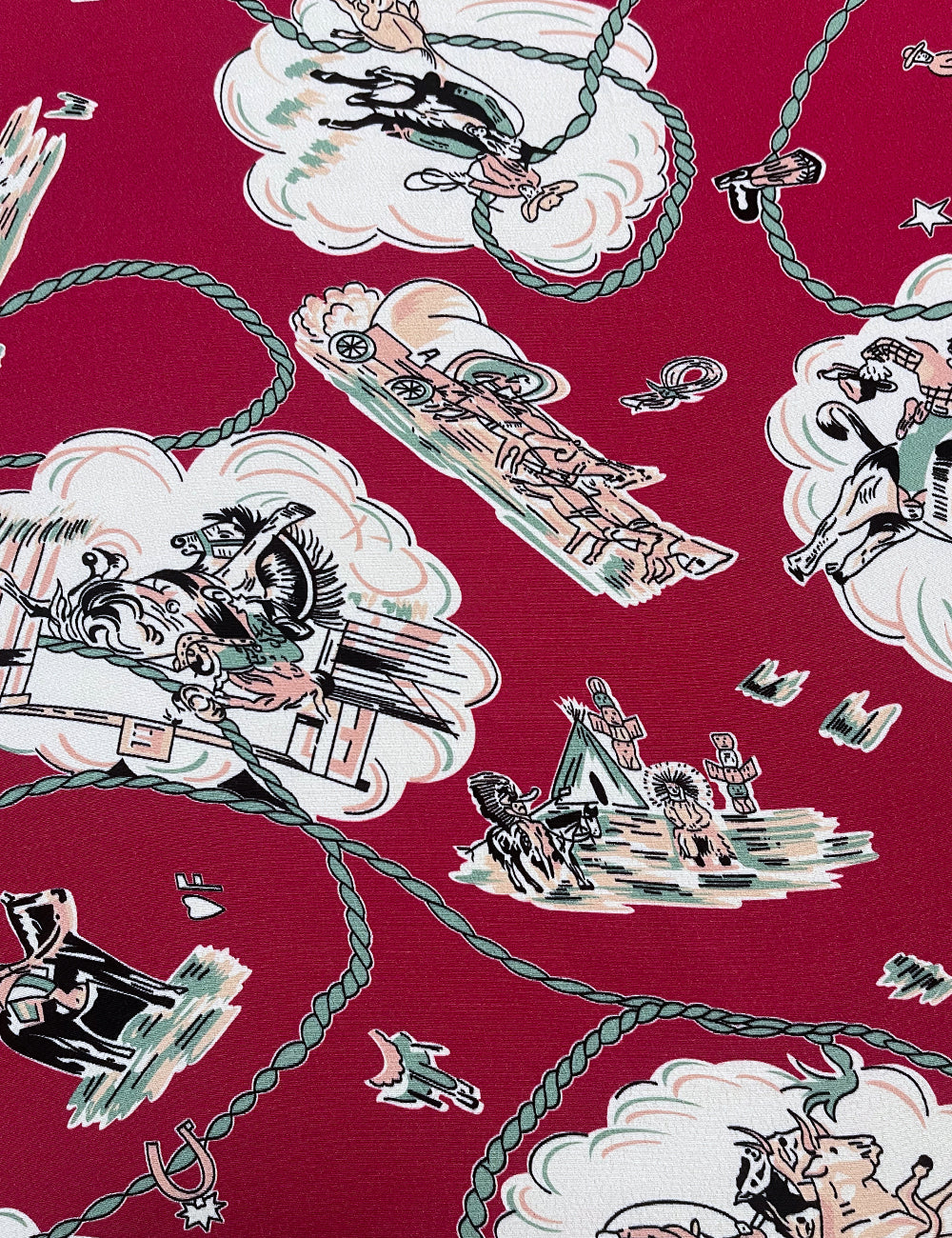 Burgundy Western Print Print Rayon Crepe Fabric - 1.5 yds