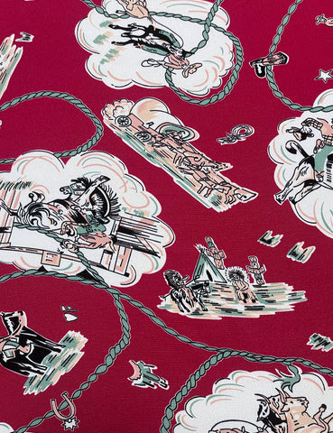 Burgundy Western Print Print Rayon Crepe Fabric - 1.5 yds