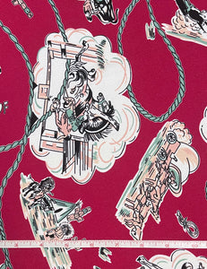 Burgundy Western Print Print Rayon Crepe Fabric - 1.5 yds