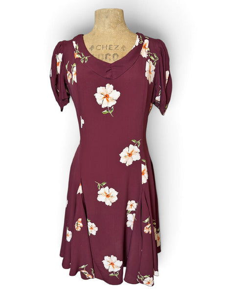 Burgundy Floral 1930s Style Venice Beach Swing Dress