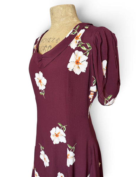 Burgundy Floral 1930s Style Venice Beach Swing Dress