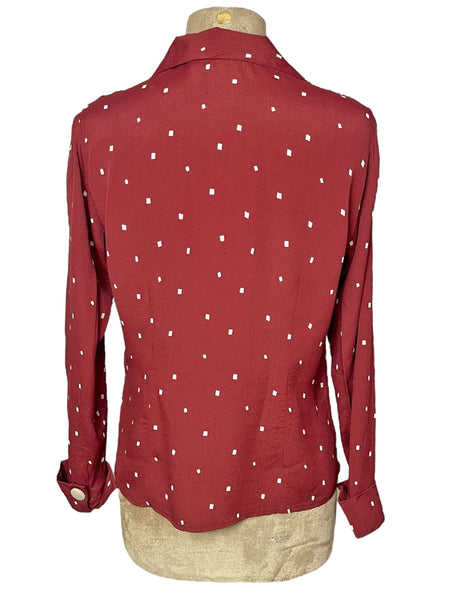 Burgundy Square Dot 1940s Button Up Hepburn Blouse