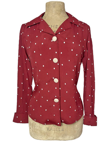 Burgundy Square Dot 1940s Button Up Hepburn Blouse